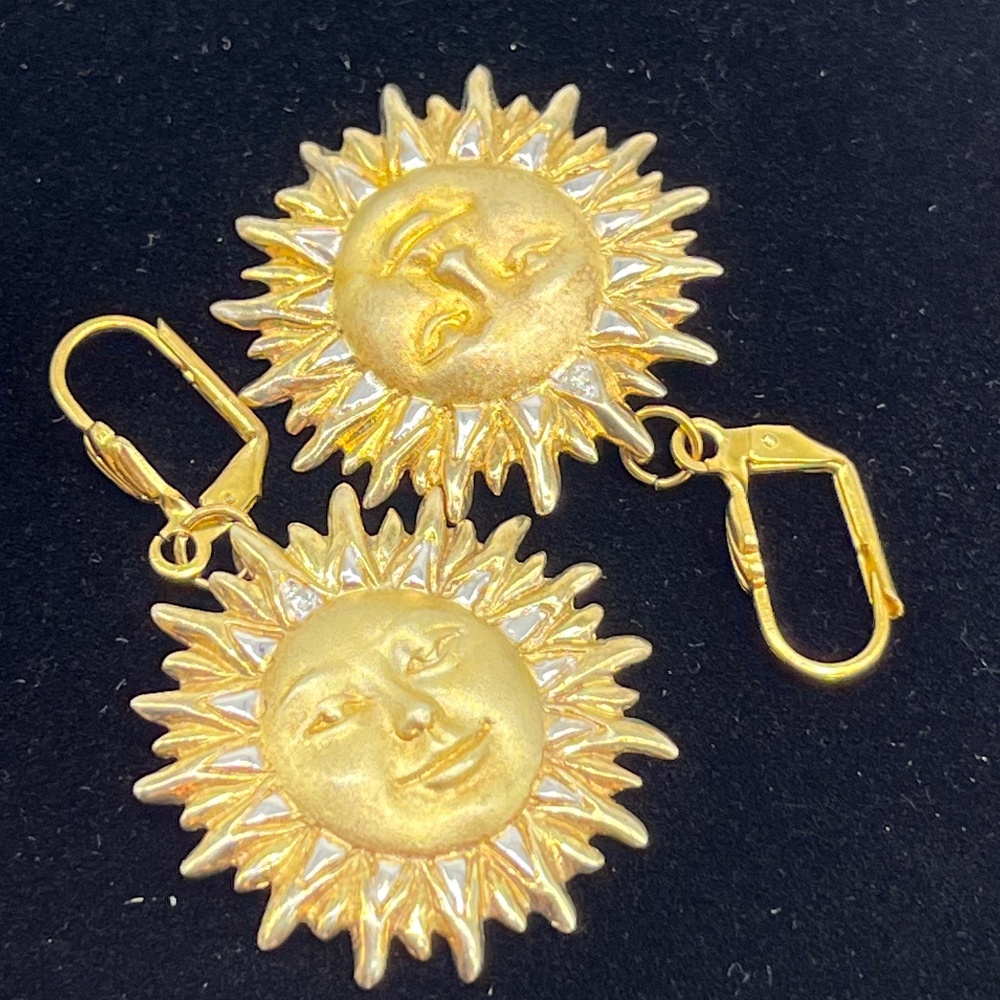 Gorham Sterling/gold tone, Smiling Sun /Diamond Chip Pierced Earrings.